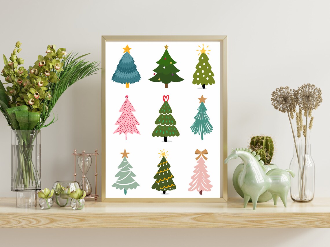 Nine Hand Drawn Colorful Christmas Trees Grid Holiday Art Poster - Image 2