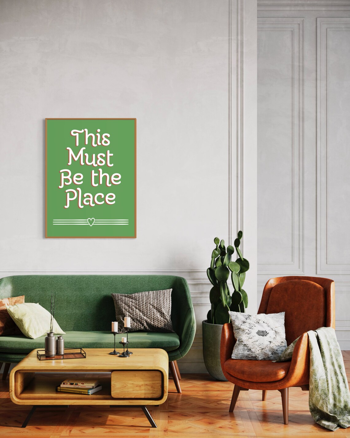 This Must Be The Place Green Retro Quote Poster With Heart Line Motif - Image 2