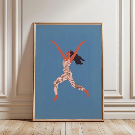 Dancing Woman Blue Abstract Stripe Large Wall Print Contemporary Artwork Minimalist Print Living Room Wall Art Print
