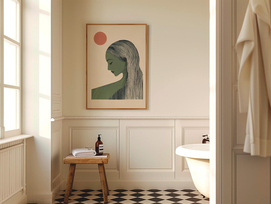 Serene Japandi Woman Profile Green Line Art Japanese Sun Poster - Image 5