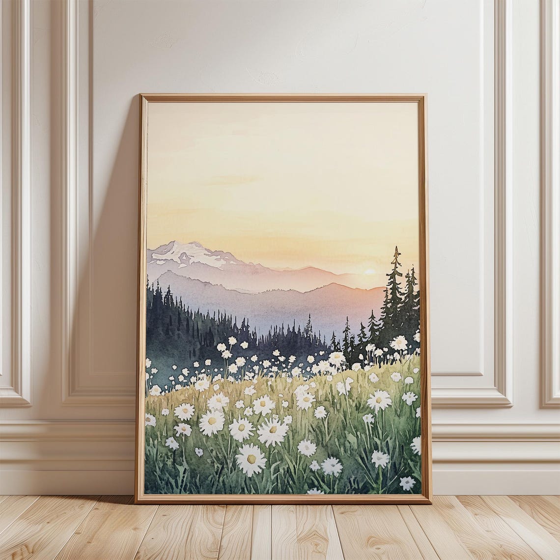 Wildflower Meadow Watercolor Mountain Sunset Landscape Poster - Image 5