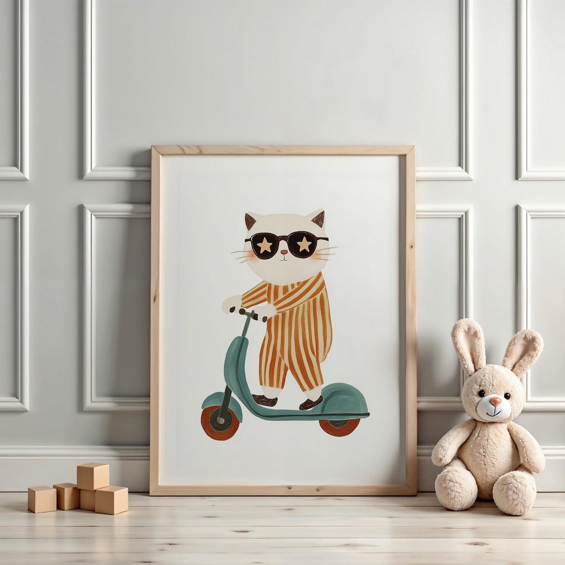 Playful Cool Cat Star Sunglasses Riding Scooter Nursery Art Poster - Image 4