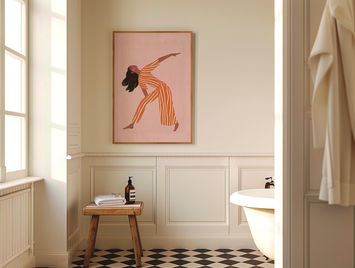 Dancing Woman Orange Stripes Pink Ground Modern Art Wall Poster - Image 5