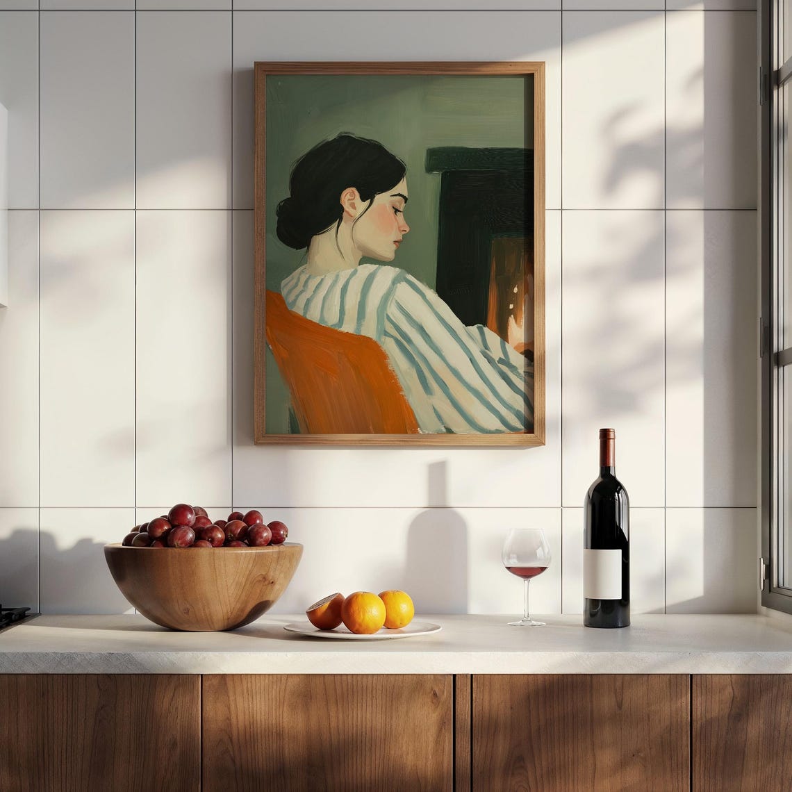 Woman in Striped Sweater Sitting by Fireplace Cozy Evening Poster - Image 2