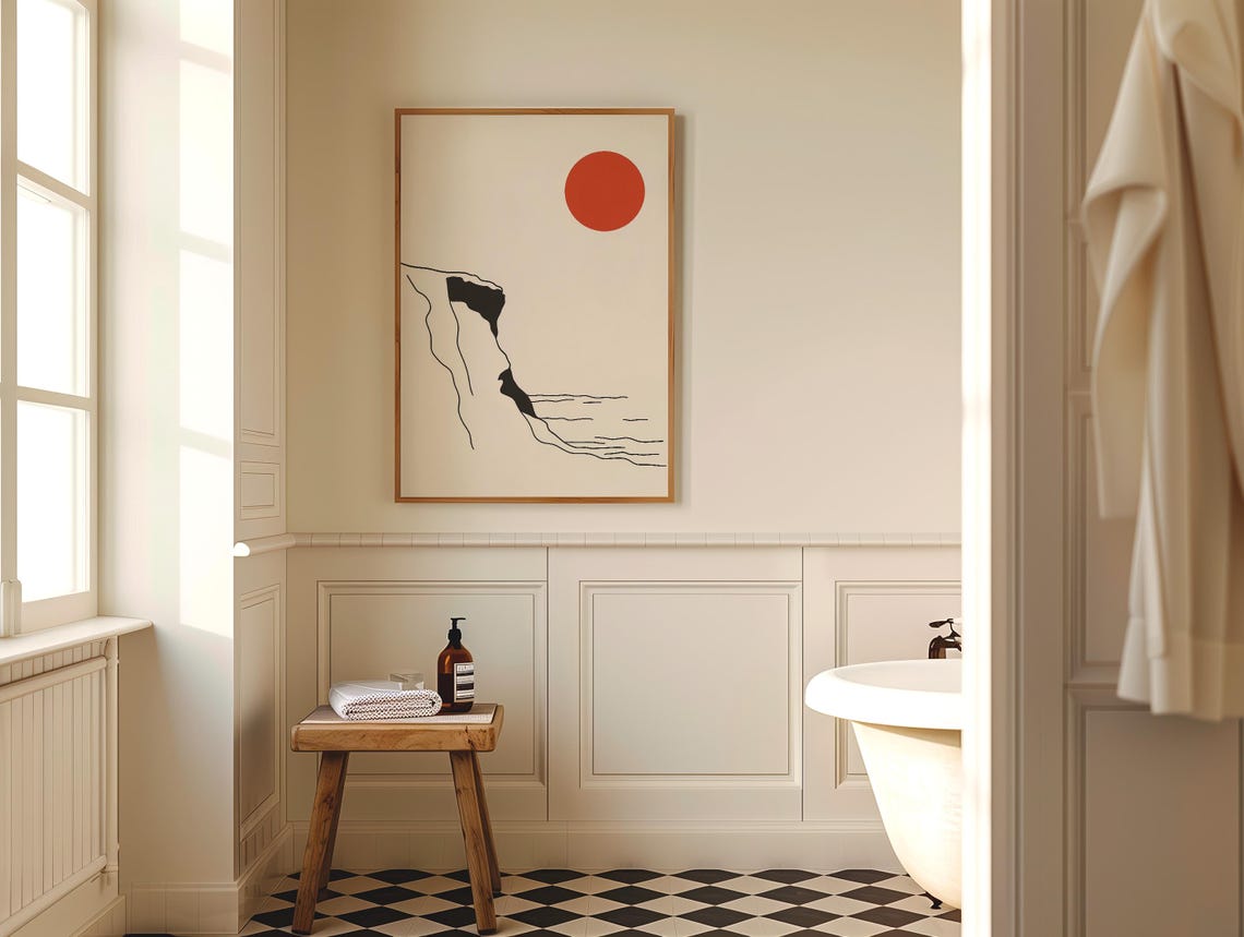 Minimalist Japanese Red Sun and Cliff Line Art Japandi Poster - Image 3