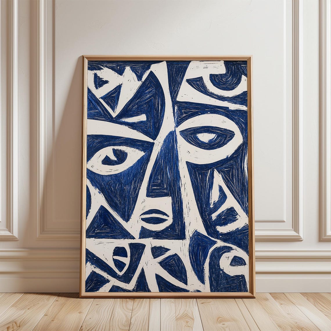 Dramatic Cobalt Blue Abstract Faces Cubist Modern Statement Poster