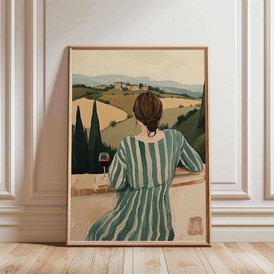 Woman Overlooking Tuscany Hills with Glass of Red Wine Poster