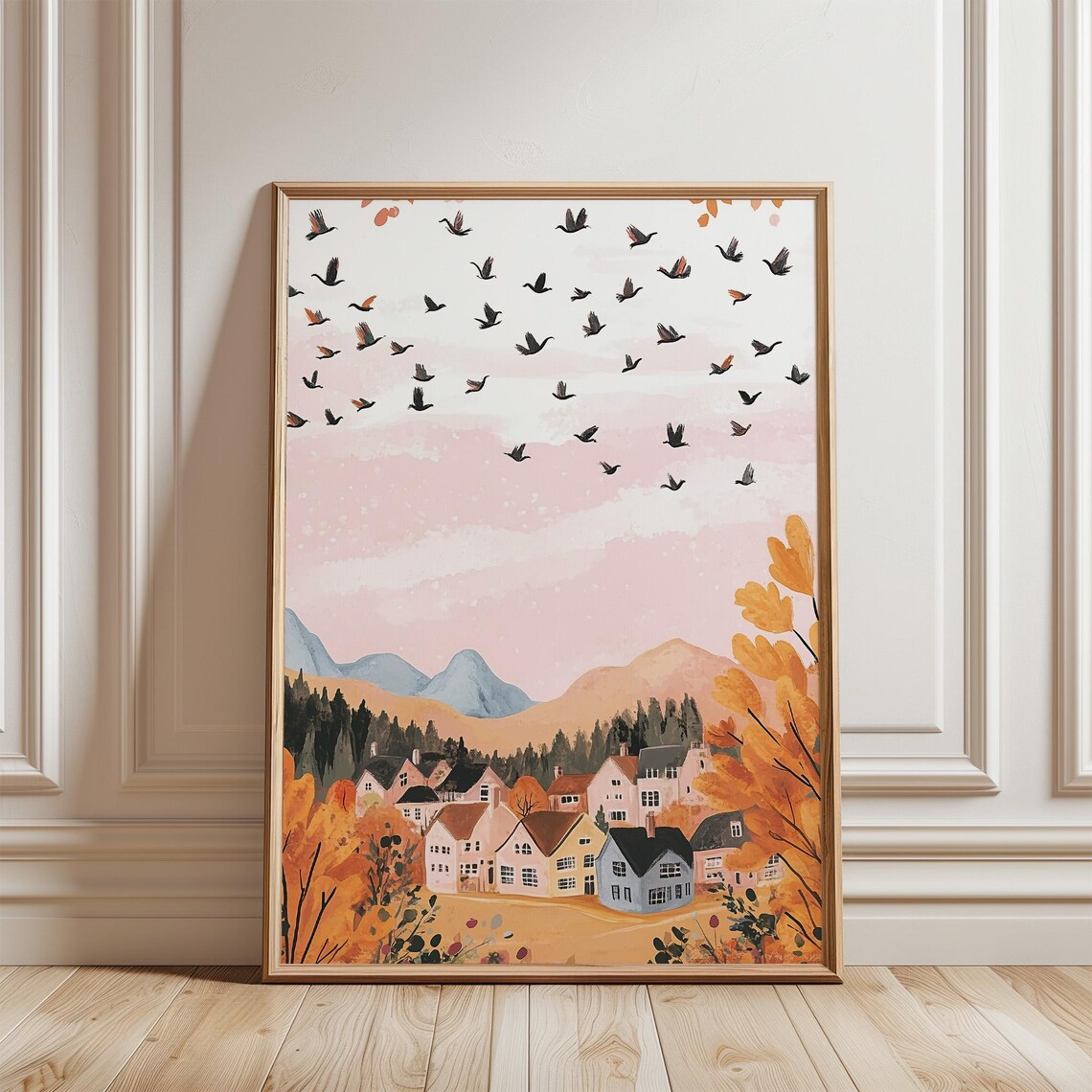 Autumn Village Watercolor Golden Fall Trees and Birds Poster