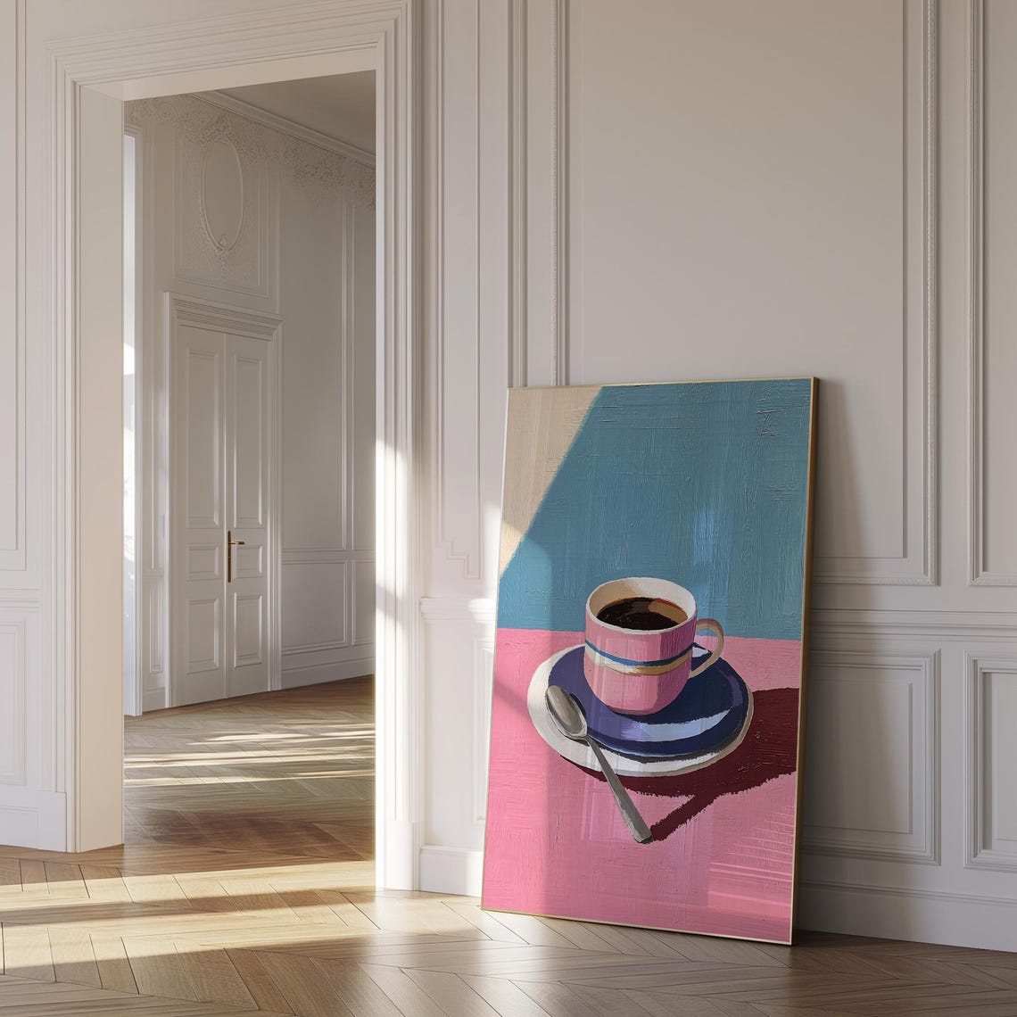 Coffee Cup Pink Blue Abstract Large Wall Art Contemporary Artwork Minimalist Print Coffee Lover Wall Art Stripe Print - Image 4