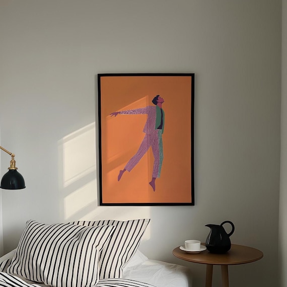 Dancing Man Striped Suit Orange Ground Modern Art Wall Poster