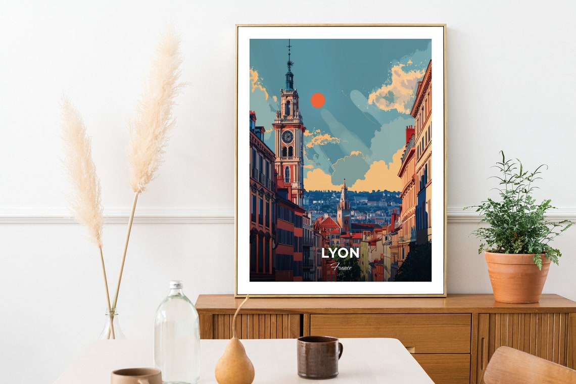 Lyon France Travel Poster Historic Street Clock Tower Sunset Artwork - Image 2