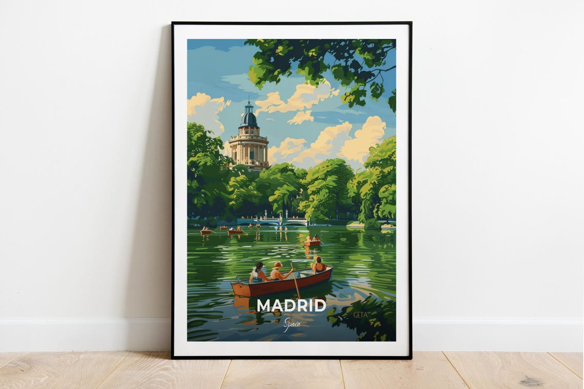 Madrid Spain Retiro Park Rowboats Green Summer Lake Travel Poster
