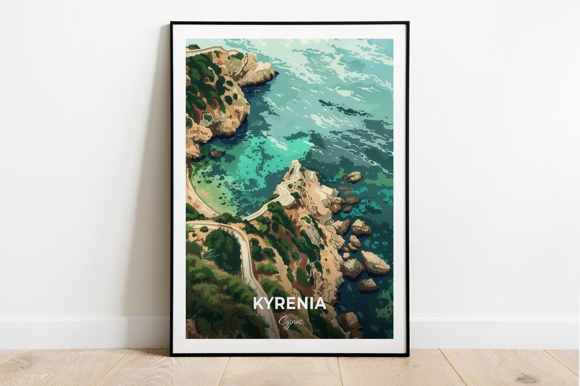 Kyrenia Cyprus Turquoise Bay Aerial Rocky Coastline Travel Poster