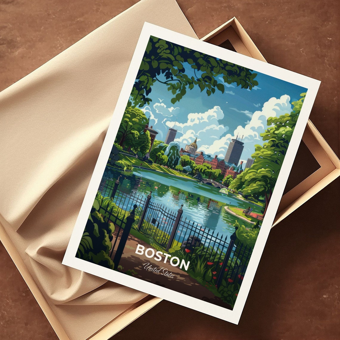 Boston Public Garden Lagoon Green Park Skyline Summer Travel Poster - Image 3