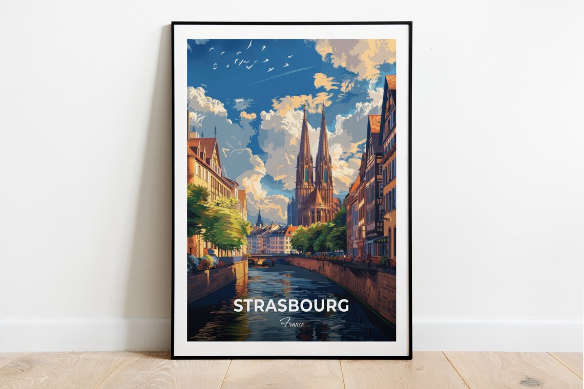 Strasbourg Cathedral Riverside Old Town France Vintage Travel Wall Art