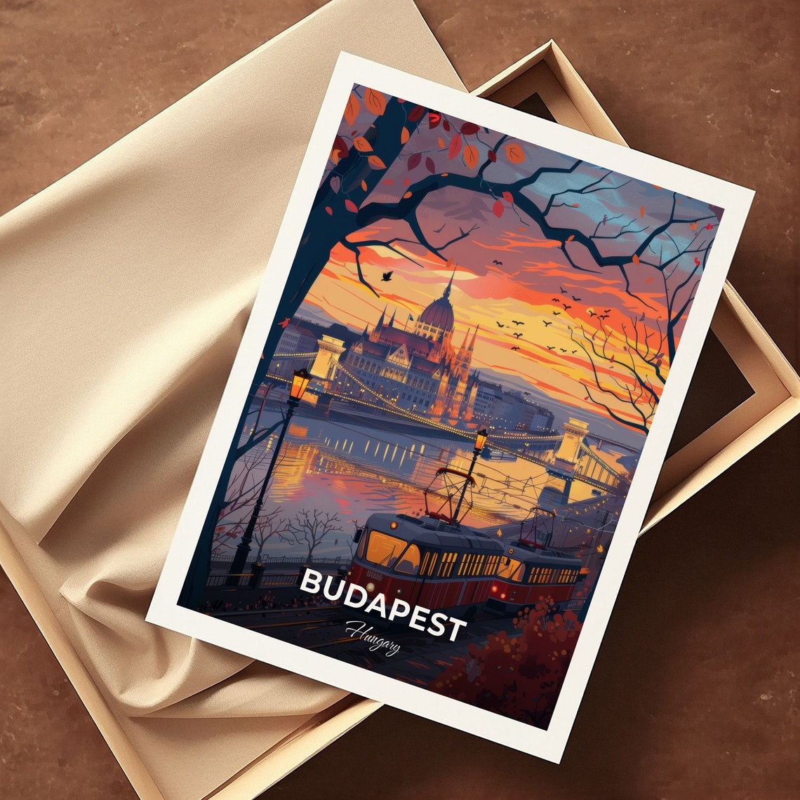 Budapest Hungary Parliament Bridge Sunset Tram Evening Poster - Image 3