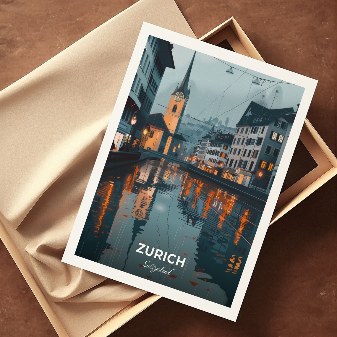 Zurich Switzerland Rainy Evening Street Glowing Canal Lights Poster - Image 3