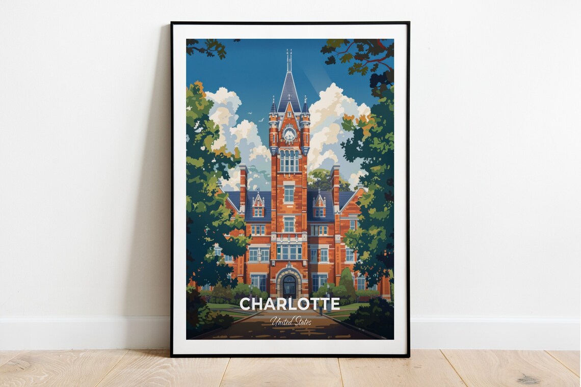 Charlotte USA Historic Brick Clock Tower Campus Travel Poster