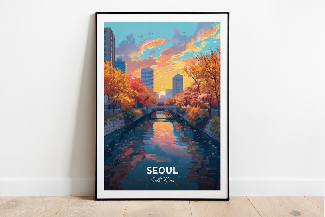Seoul South Korea Cheonggyecheon Stream Sunset Travel Poster