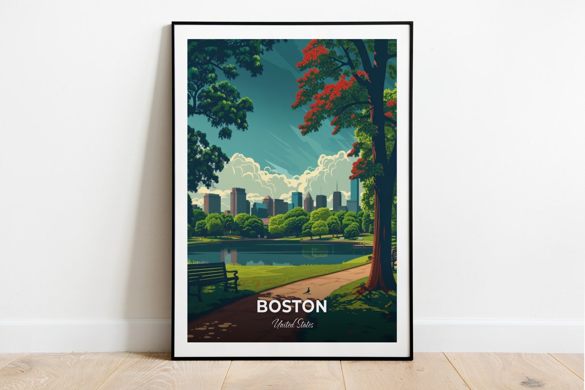 Boston Common Park Lake Skyline Autumn United States Travel Poster