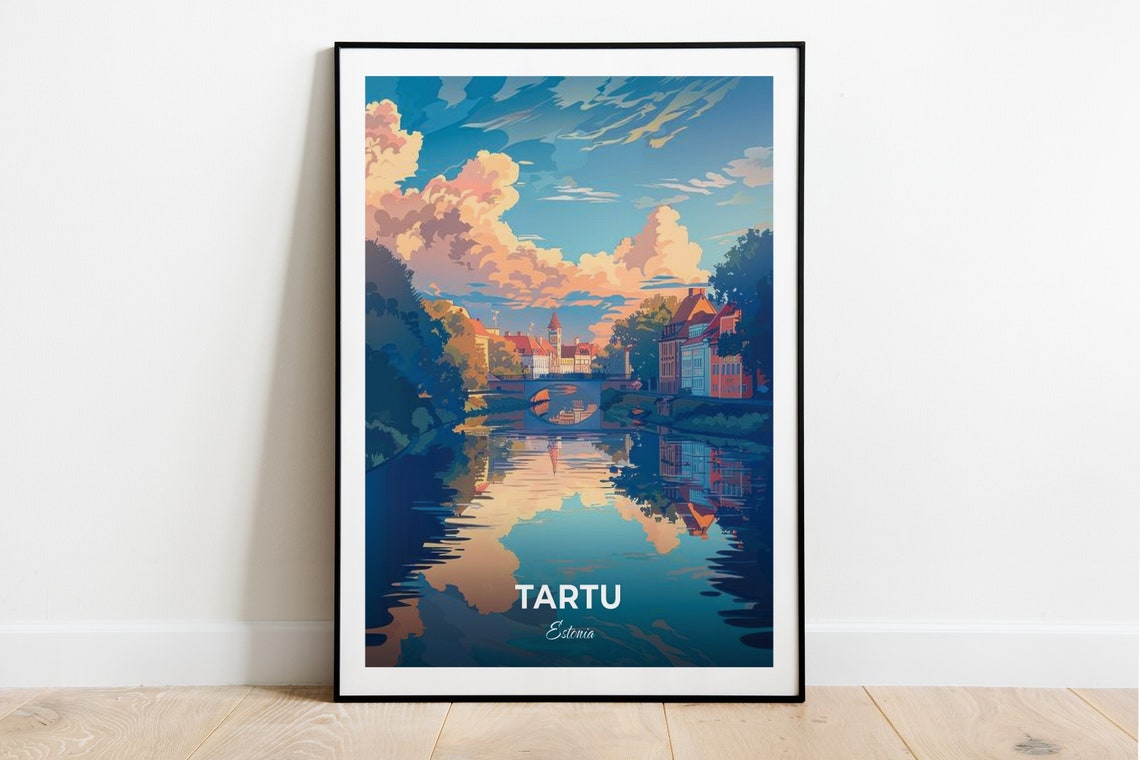 Tartu Estonia Emajogi River Bridge Old Town Skyline Travel Poster