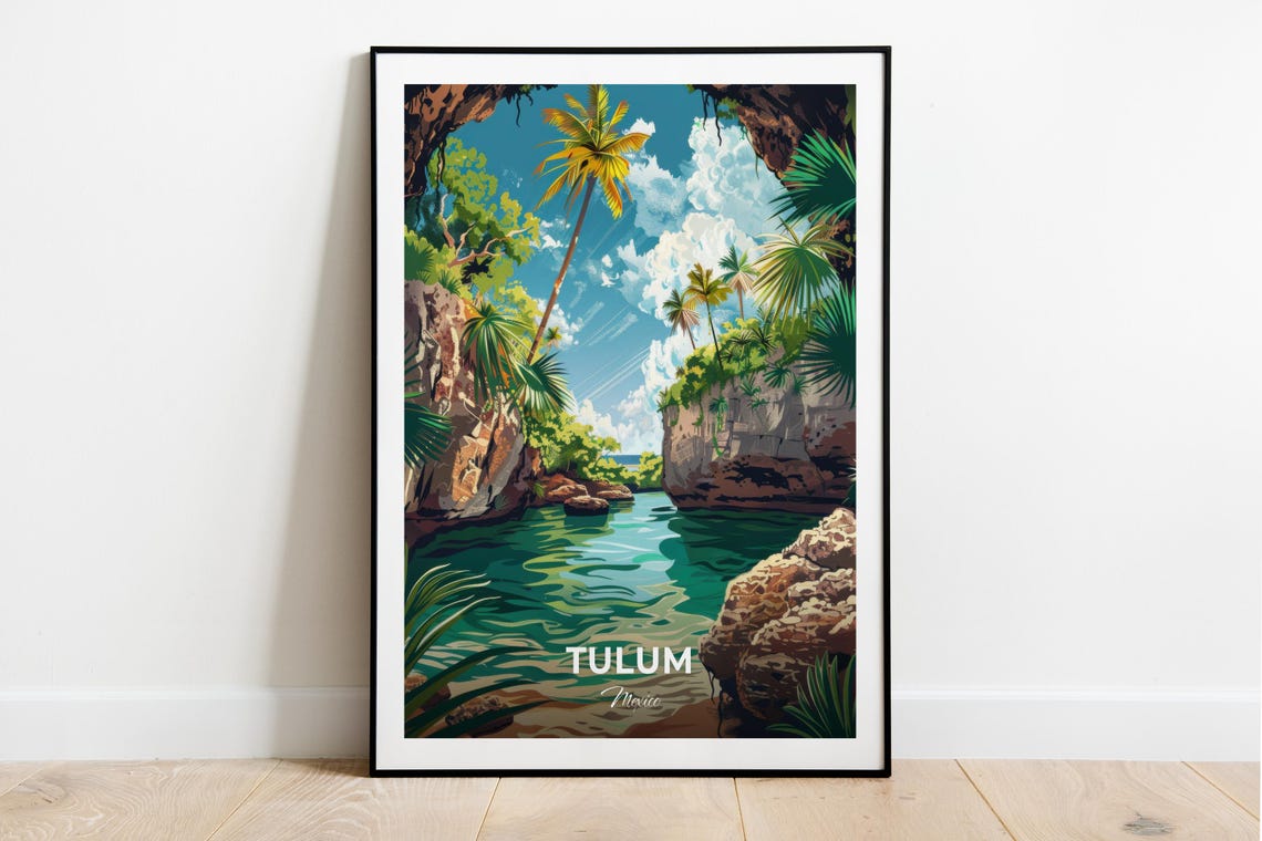 Tulum Mexico Jungle Lagoon Turquoise Water Palms Travel Poster