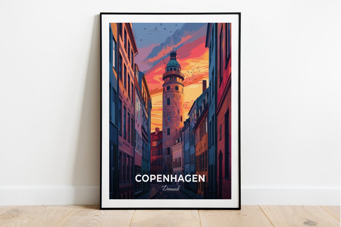 Copenhagen Denmark Historic Round Tower Over Old Town At Sunset Poster