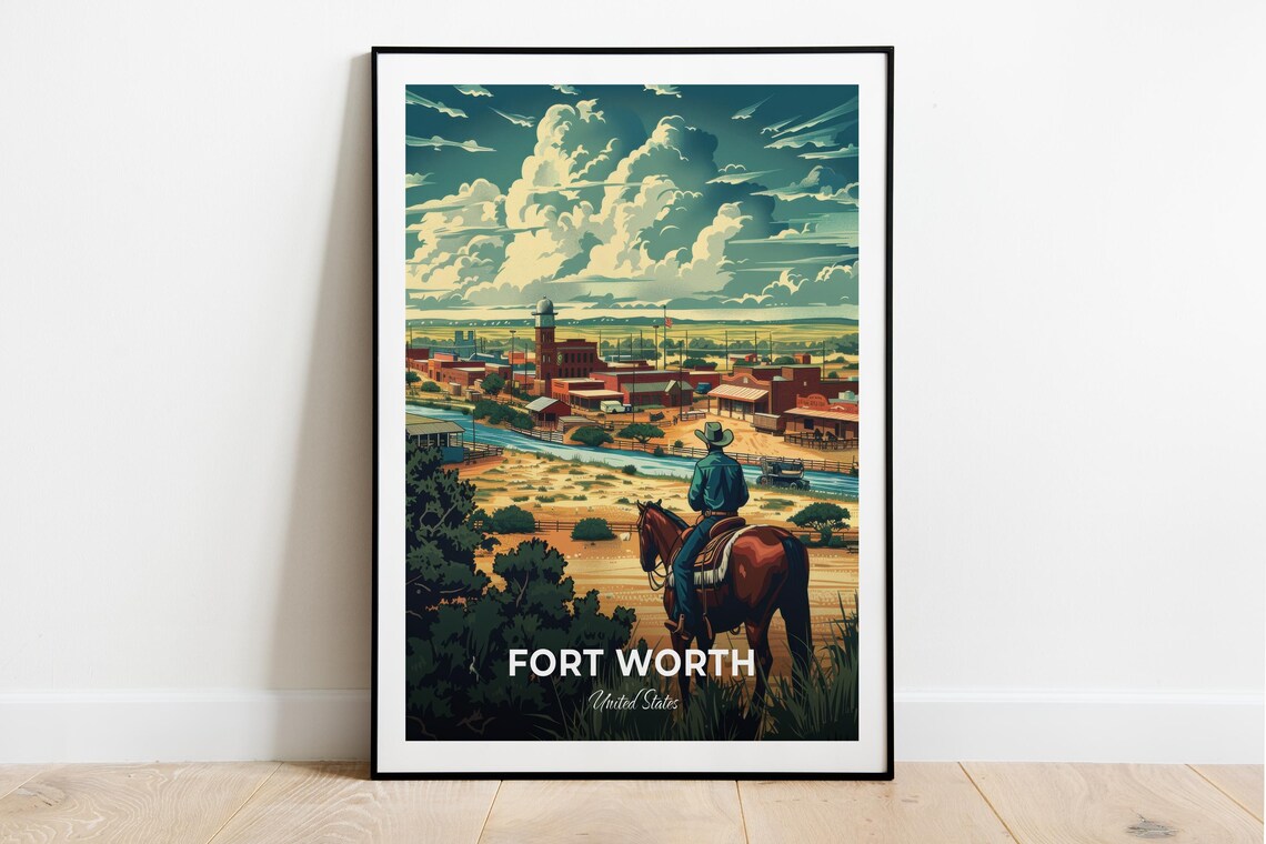 Fort Worth Texas Cowboy Horse Western Town Sunset Travel Poster