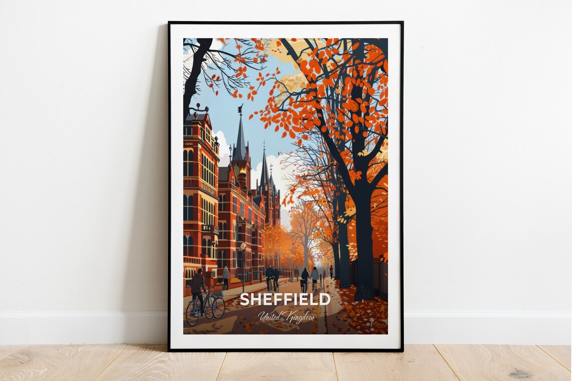 Sheffield University Street Autumn Leaves Cityscape Travel Poster