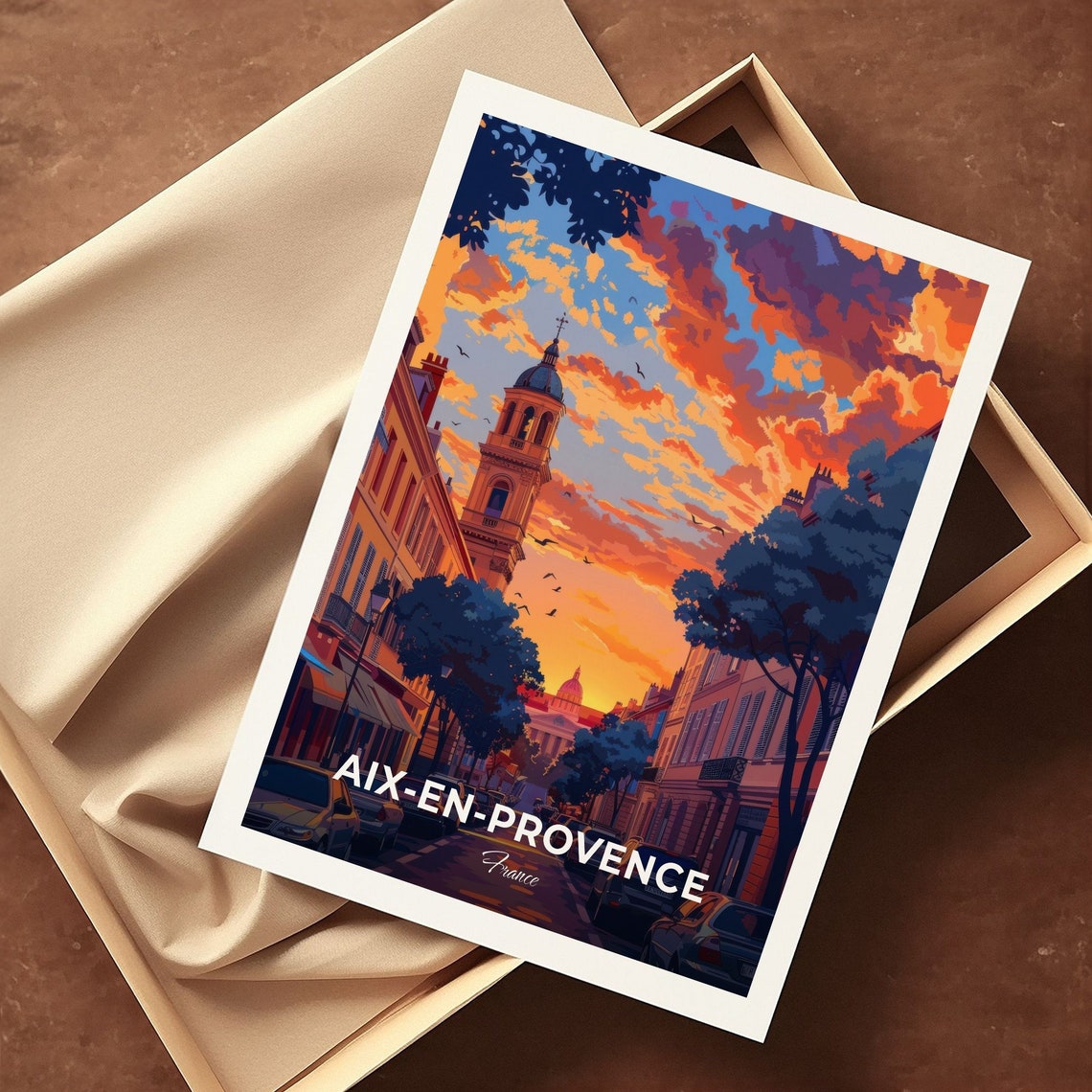 Aix En Provence France Sunset Old Town Street Bell Tower Travel Poster - Image 3