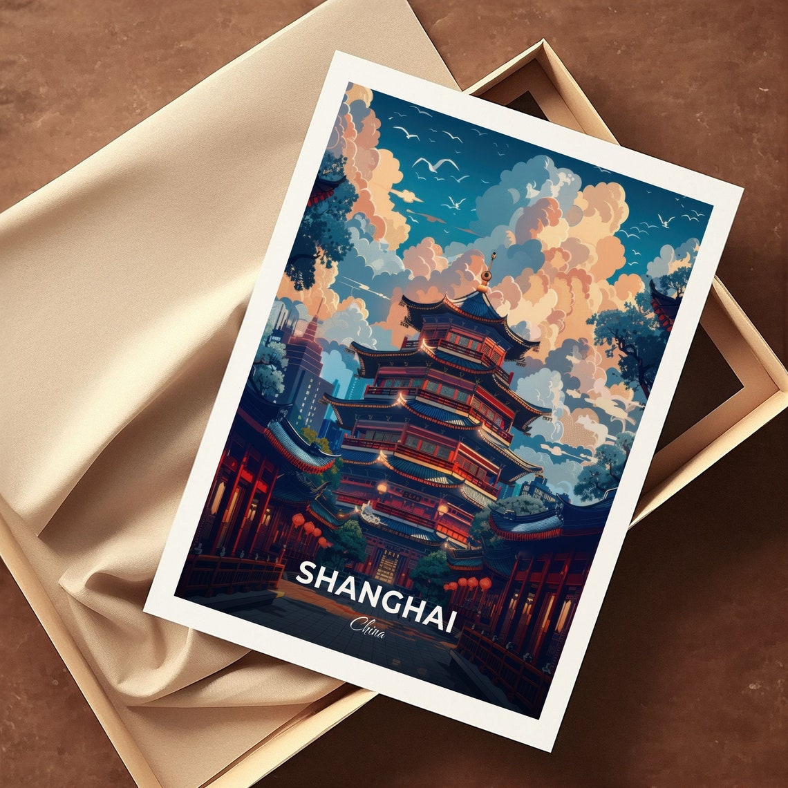 Shanghai Pagoda Temple Glowing Night Skyline Travel Art Poster - Image 3