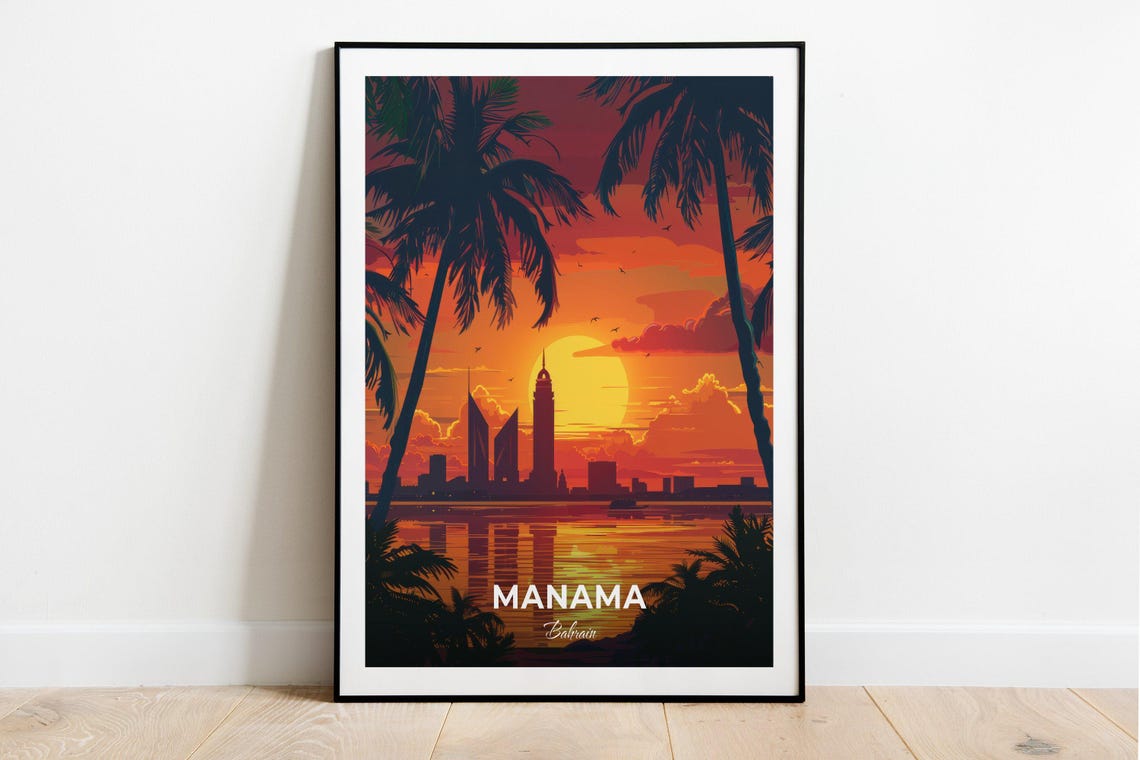 Manama Bahrain Bay Sunset Palms Skyline Golden Glow View Poster