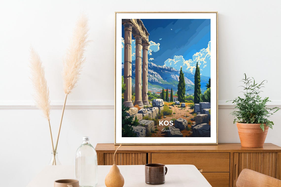Kos Greece Ancient Stone Columns Ruins Cypress Trees Travel Poster - Image 3