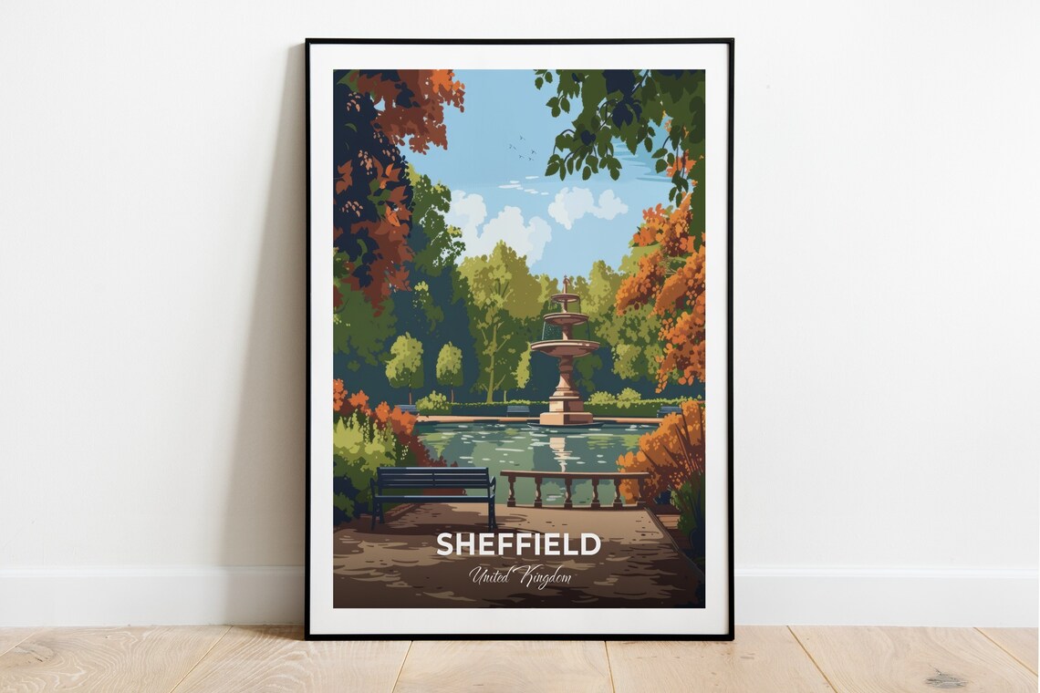 Sheffield England Botanical Gardens Fountain Pond Autumn Garden Poster
