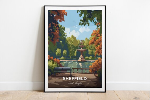 Sheffield England Botanical Gardens Fountain Pond Autumn Garden Poster
