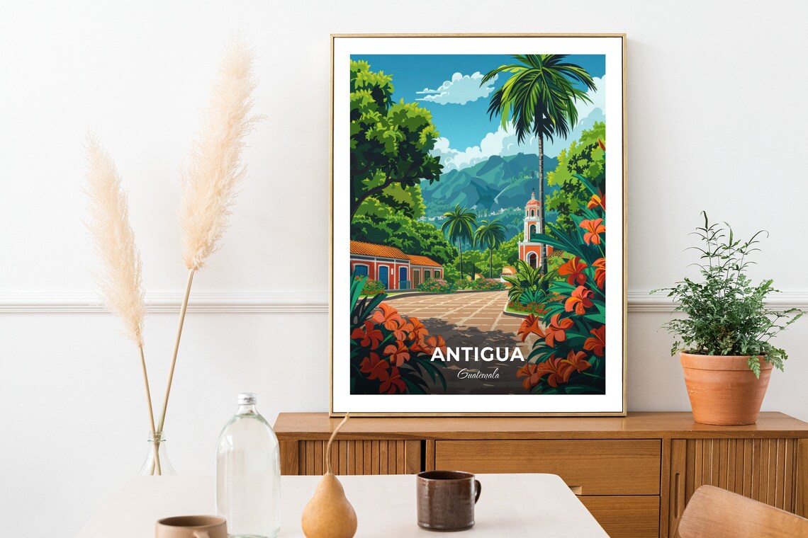 Antigua Guatemala Central Park Church Palm Vintage Travel Poster - Image 2
