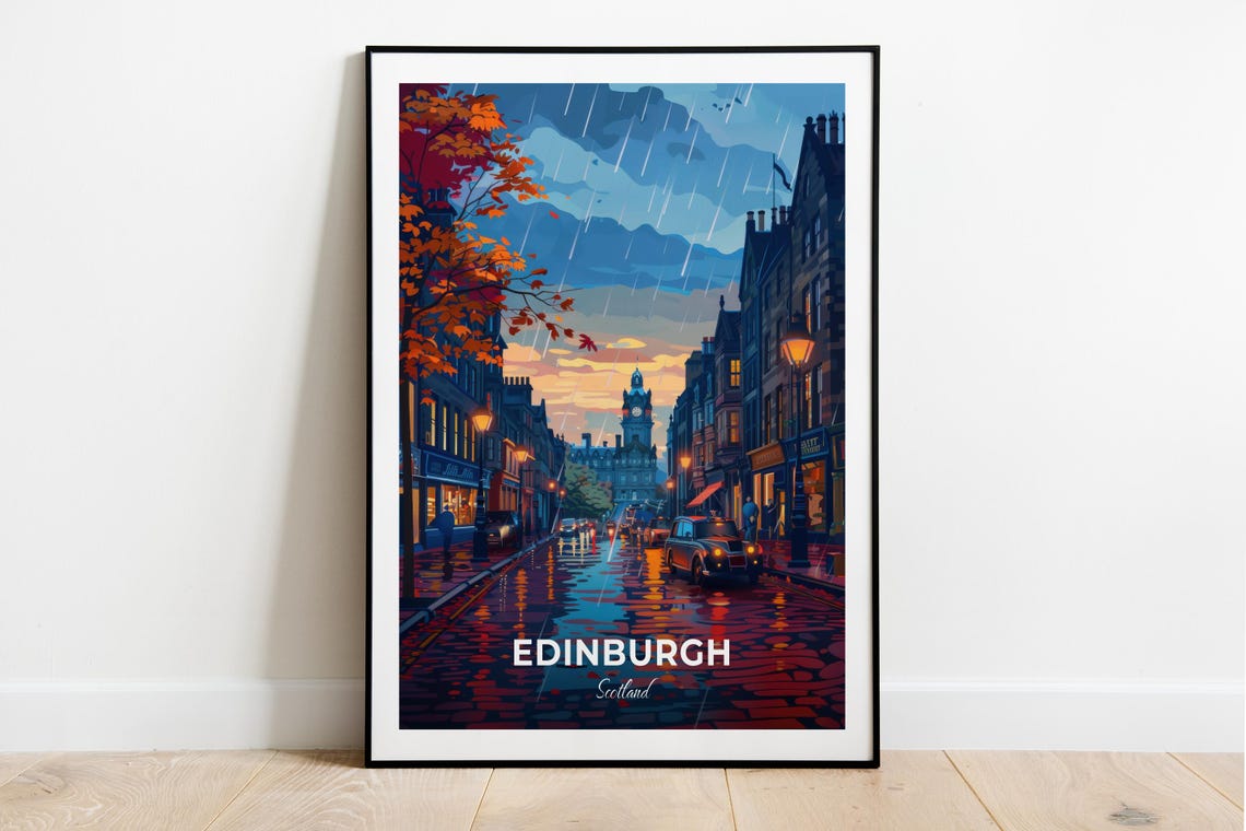 Edinburgh Scotland Rainy Evening Old Town Street Scene Poster