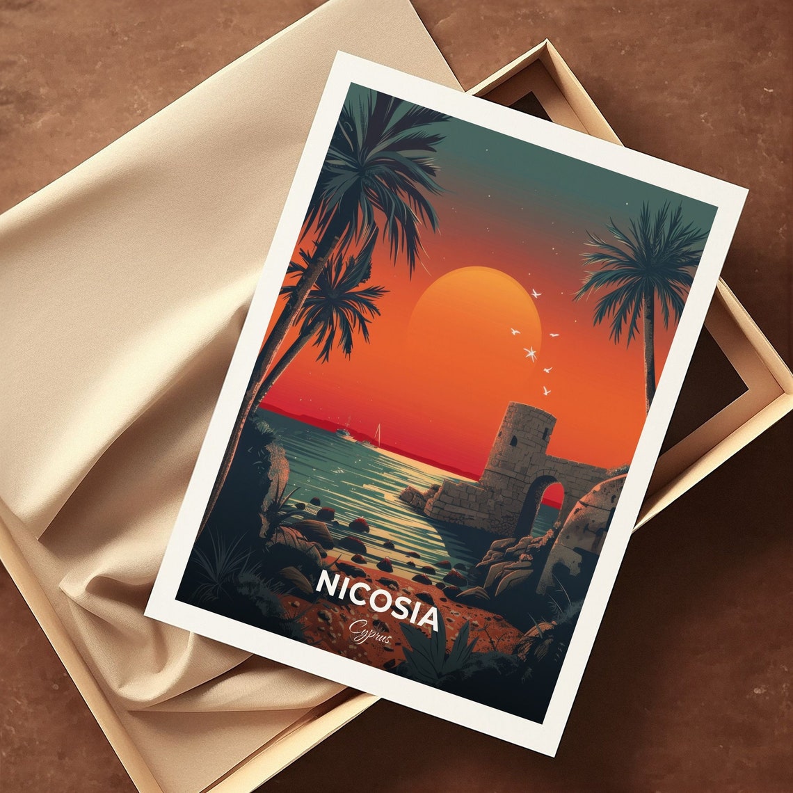 Nicosia Cyprus Beach Sunset Stone Tower Palms Ocean Travel Poster - Image 3