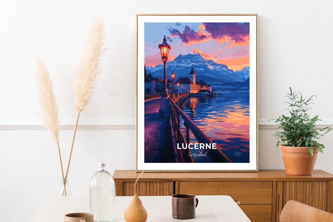 Lucerne Switzerland Chapel Bridge Sunset Lake View Travel Poster - Image 2