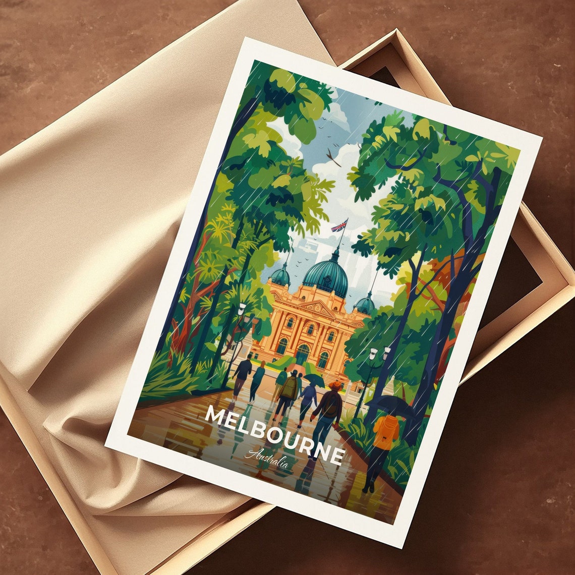 Melbourne Domed Heritage Hall Rainy Park Stroll Travel Scene Poster - Image 3
