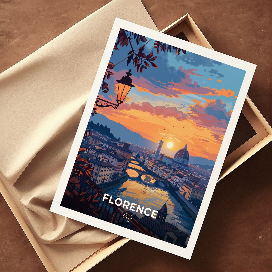 Florence Italy Sunset Duomo Arno River Skyline Travel Poster - Image 3