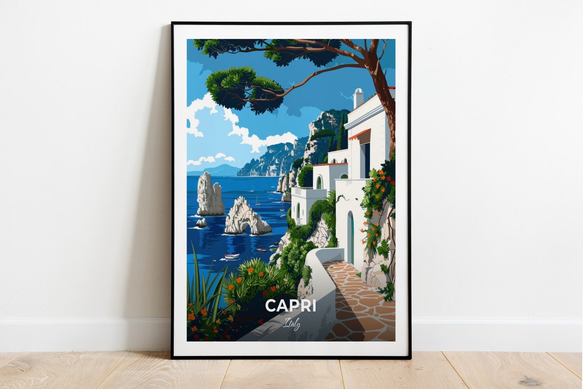 Capri Italy Cliffside Villa Terrace Faraglioni Sea View Travel Poster