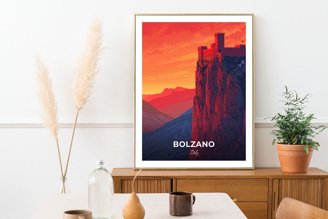 Bolzano Castle Atop Rocky Cliff Red Sunset Italy Mountain Travel Poster - Image 2