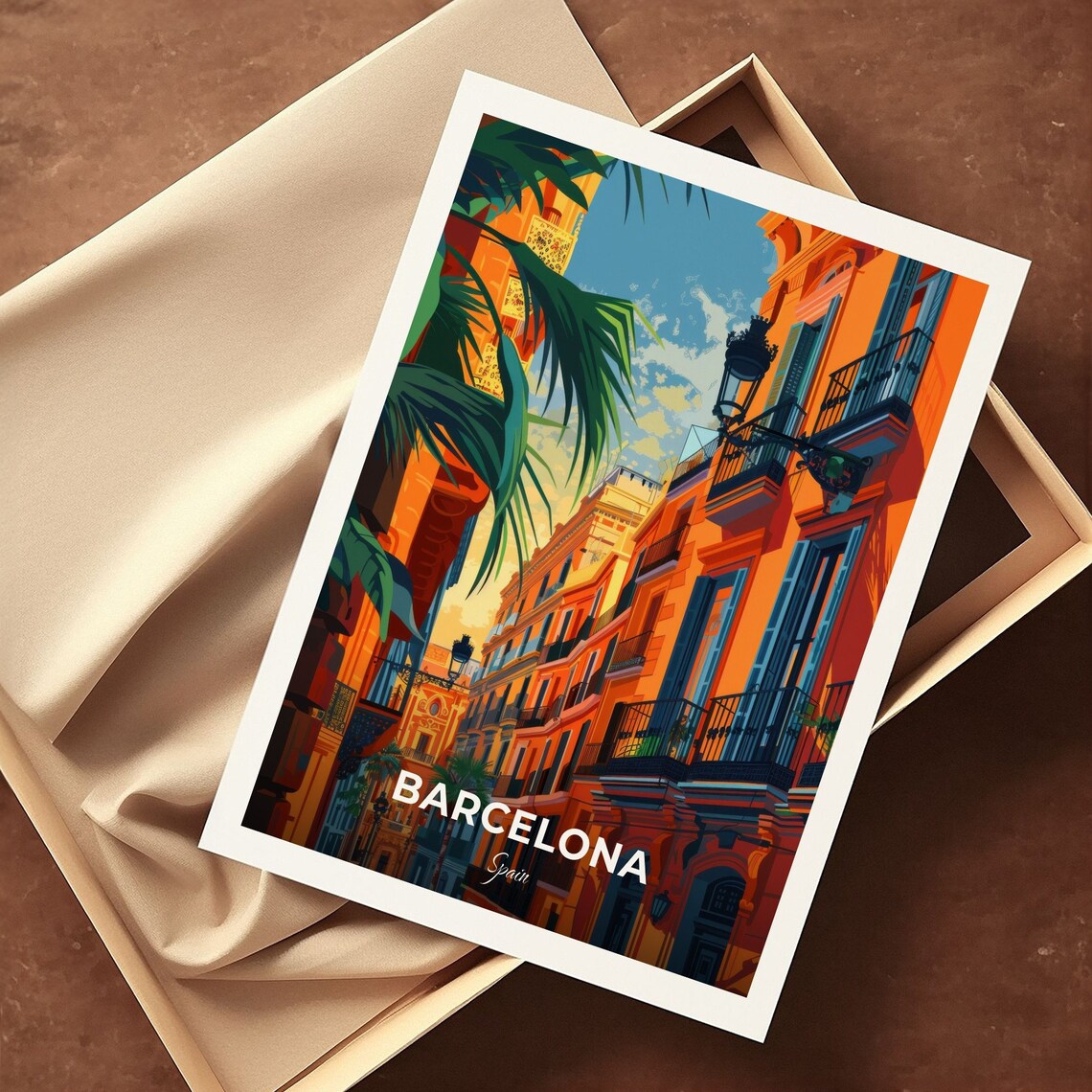 Barcelona Spain Old Town Orange Facades Street Scene Travel Poster - Image 3