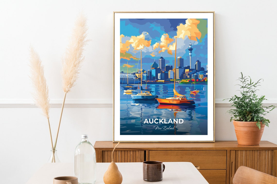 Auckland Harbour Sailboats Sky Tower Skyline New Zealand Travel Poster - Image 3