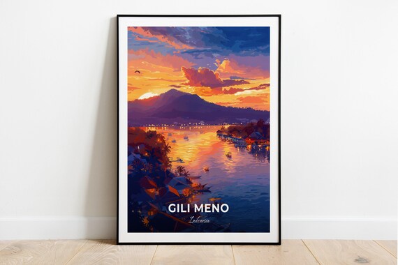 Gili Meno Indonesia Sunset Harbor Mountain View Travel Poster