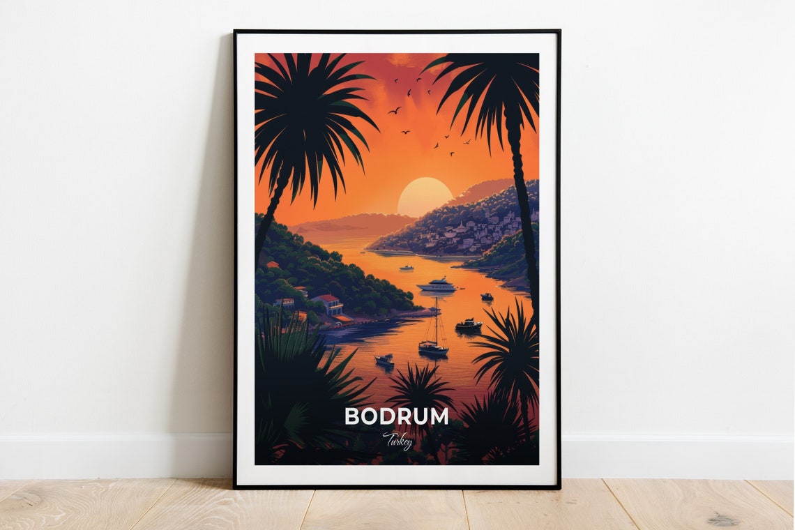 Bodrum Turkey Gundogan Palm Framed Orange Sunset Harbor Poster