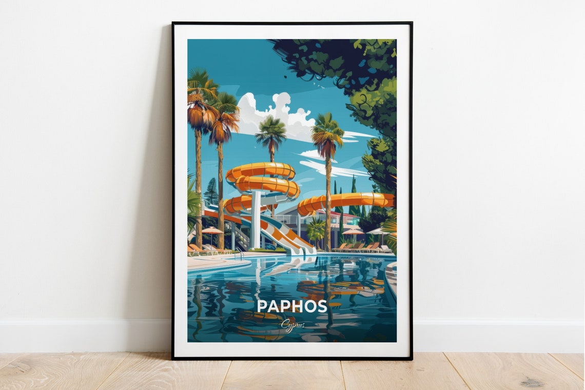 Paphos Cyprus Water Park Slides Palm Trees Travel Art Poster