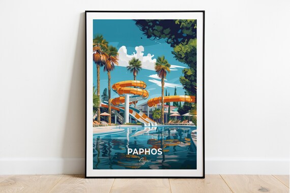 Paphos Cyprus Water Park Slides Palm Trees Travel Art Poster