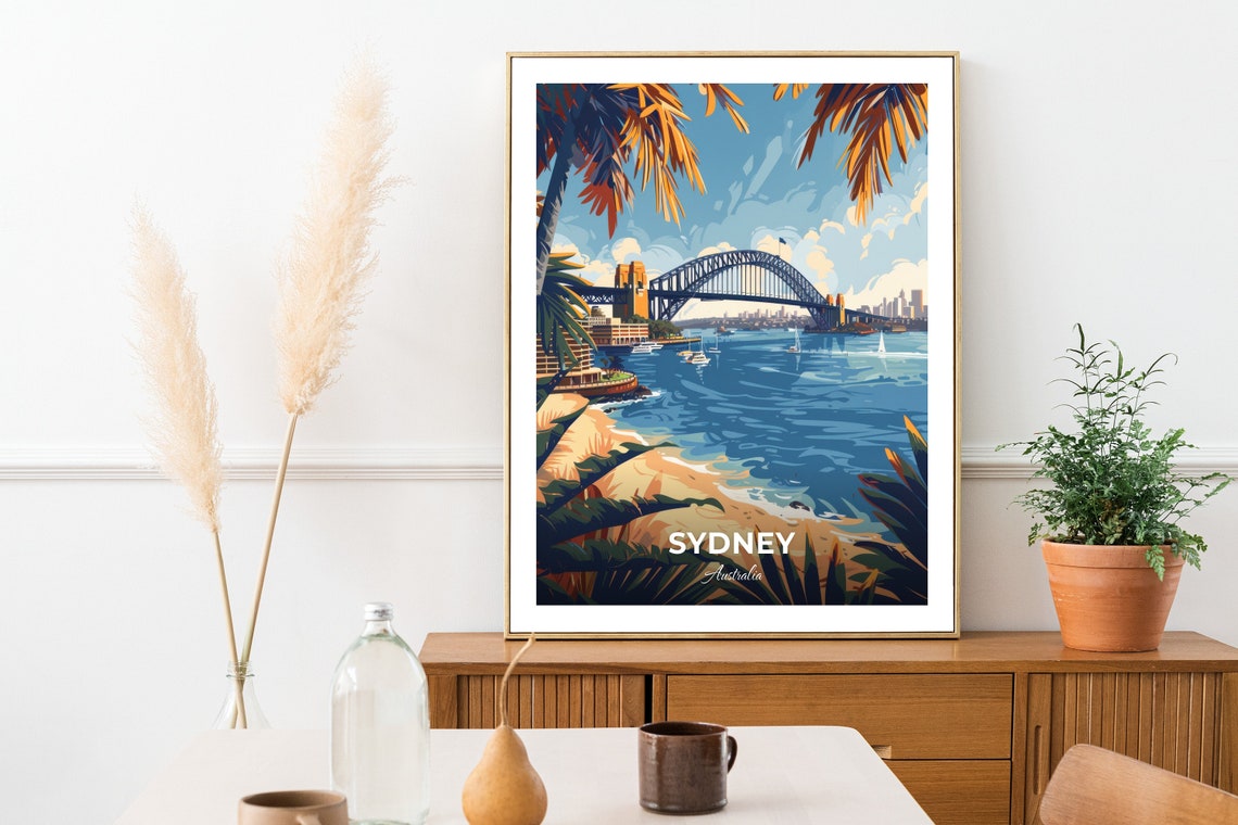 Sydney Harbour Bridge Palm Framed Beach View Travel Scene Poster - Image 2